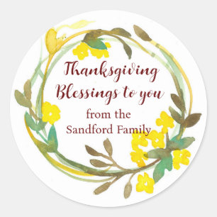 Thanksgiving Blessings Custom Family Name Flowers Classic Round Sticker