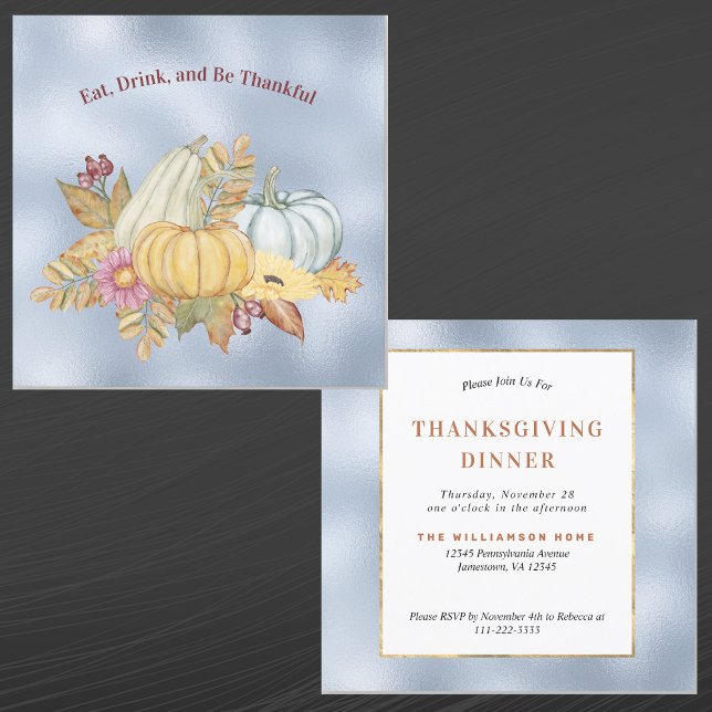 Thanksgiving Blue Pumpkin Gourds Floral Invitation (Creator Uploaded)