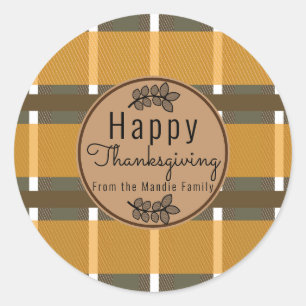Thanksgiving Branch Plaid  Pattern Sweet Gift Classic Round Sticker
