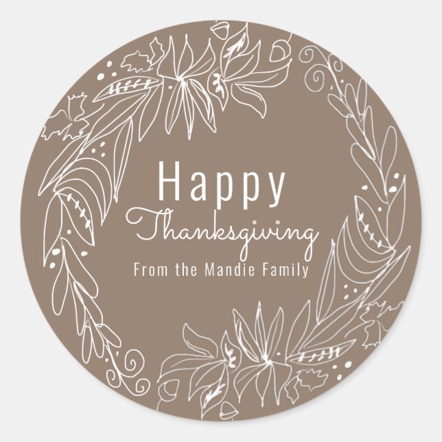 Thanksgiving Branch Wreath Hand Drawn Illustration Classic Round Sticker (Front)
