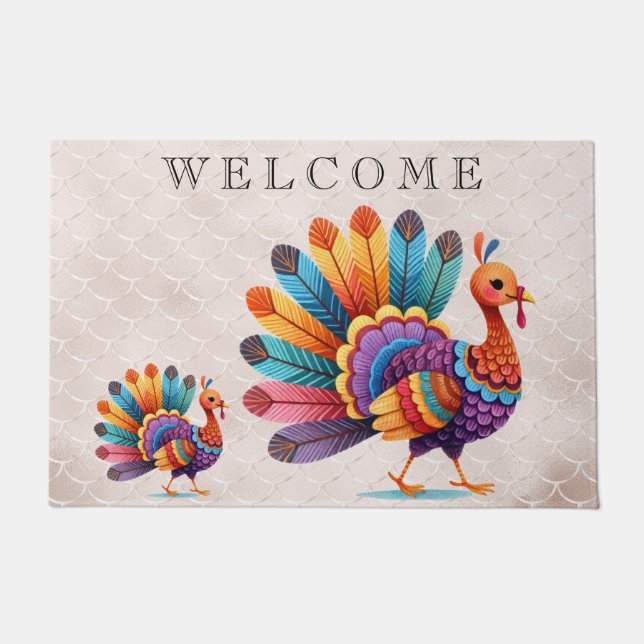 Thanksgiving Bright Feathers Turkey Doormat (Front)