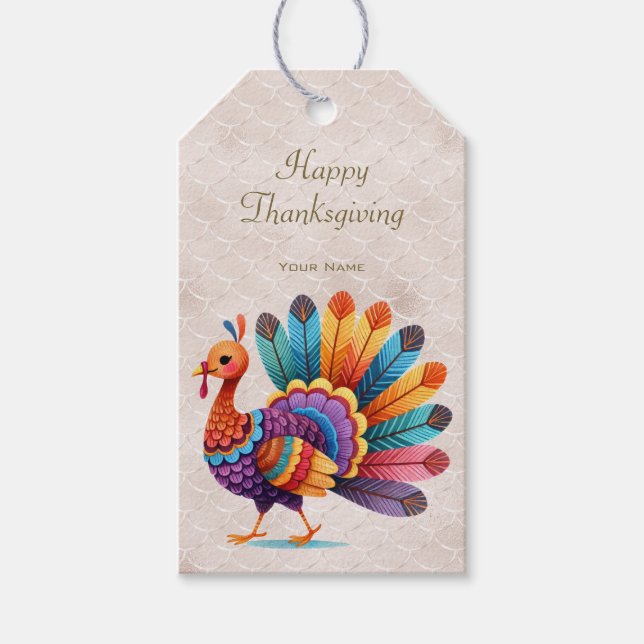 Thanksgiving Bright Feathers Turkey Gift Tag (Front)