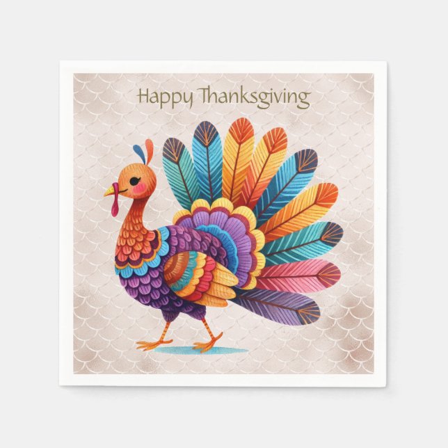 Thanksgiving Bright Feathers Turkey Napkins (Front)