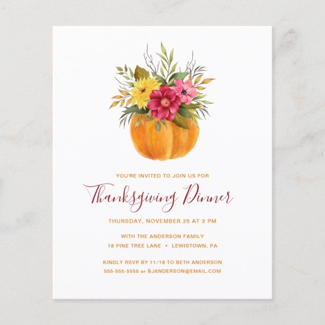 THANKSGIVING BUDGET INVITE FALL FLORAL PUMPKIN (Front)