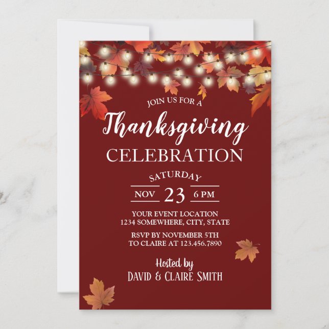 Thanksgiving Burgundy Red Autumn Leaves Invitation (Front)