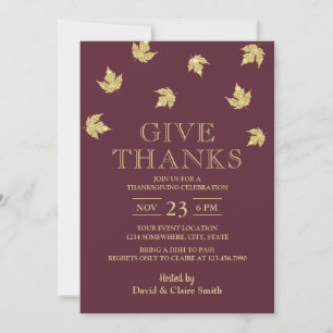 Thanksgiving Burgundy Red & Gold Leaves Invitation