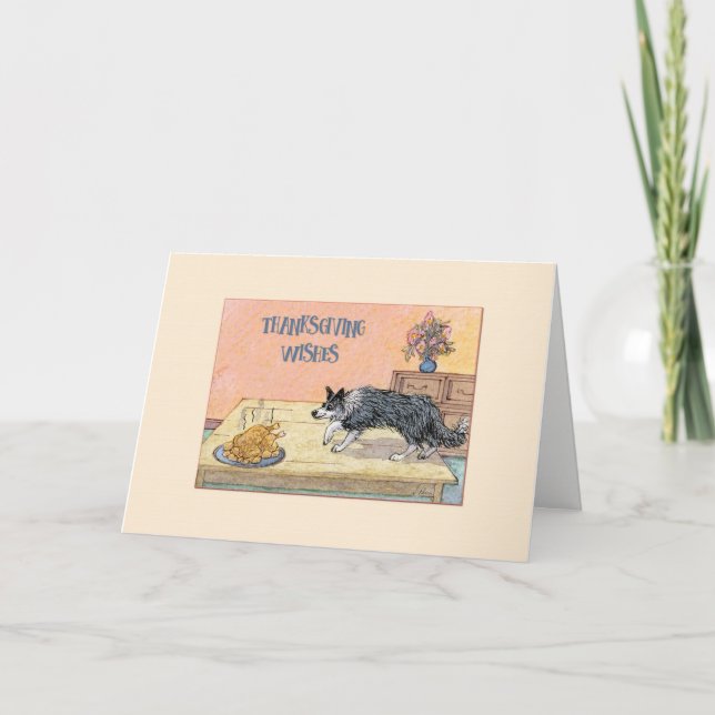 Thanksgiving card, border collie dog with turkey holiday card (Front)