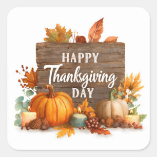 Thanksgiving Card with Pumpkins, Candle and Leaves Square Sticker