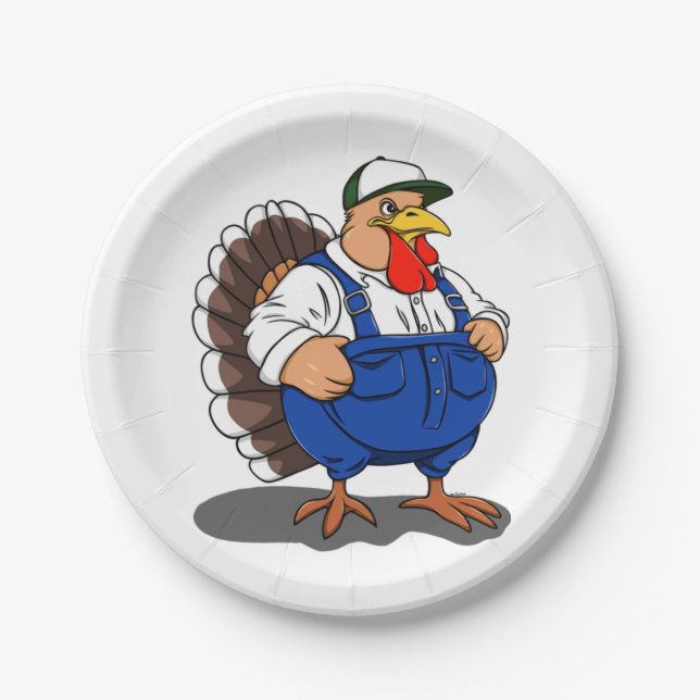 Thanksgiving, Cartoon Farmer Turkey, Paper Plate (Front)