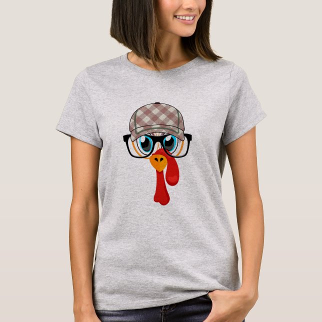 Thanksgiving Cartoon Little Turkey Face Tartan T-Shirt (Front)