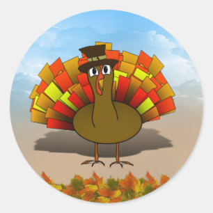 Thanksgiving Cartoon Turkey Pilgrim Classic Round Sticker