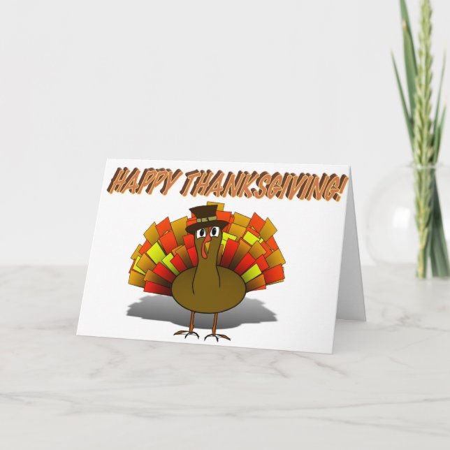 Thanksgiving Cartoon Turkey Pilgrim Holiday Card (Front)