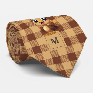 Thanksgiving Cartoon Turkey Plaid Monogrammed Tie