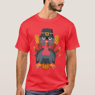 thanksgiving cat fake cat meow funny turkey girl T-Shirt