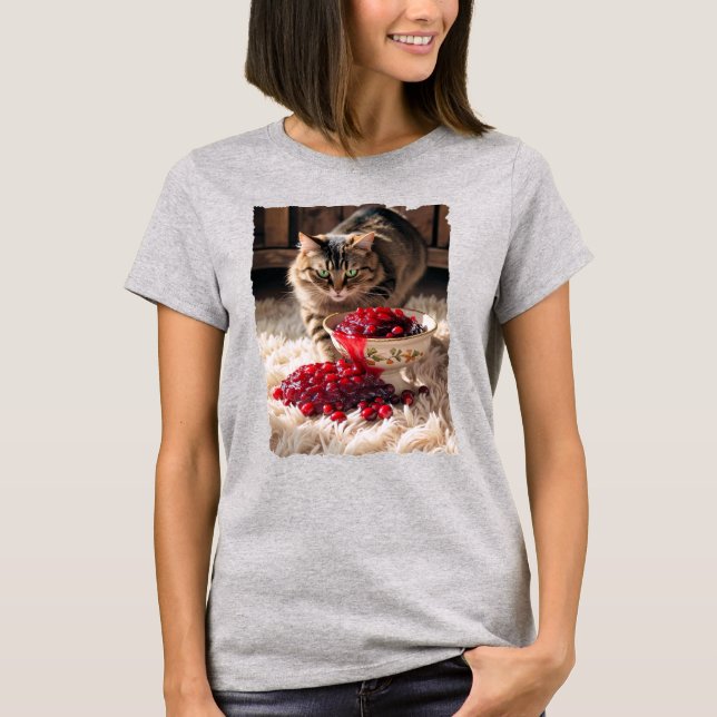 Thanksgiving cat spilling cranberry on the carpet T-Shirt (Front)