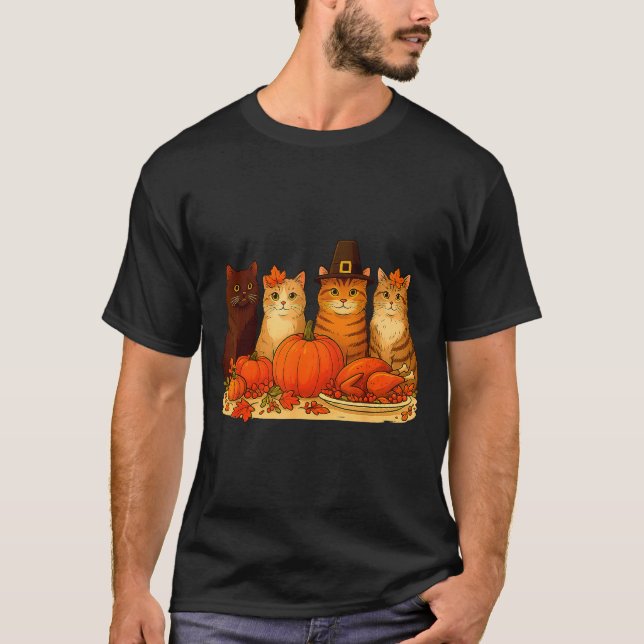 Thanksgiving Cats Dinner Pumpkin Autumn Men Women  T-Shirt (Front)
