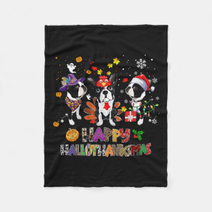 Thanksgiving Christmas Boston Terrier Dog Hallotha Fleece Blanket