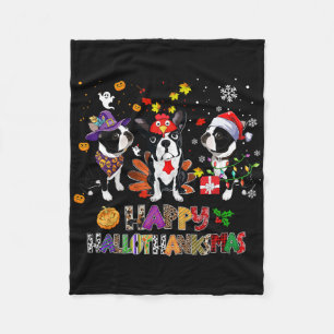 Thanksgiving Christmas Boston Terrier Dog Hallotha Fleece Blanket