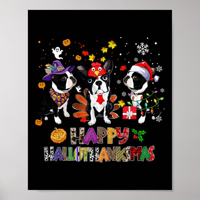 Thanksgiving Christmas Boston Terrier Dog Hallotha Poster (Front)