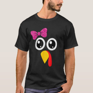 Thanksgiving Cool Turkey Face Cute Pink Bow Girls T-Shirt