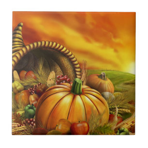 Thanksgiving cornucopia pumpkin field ceramic tile