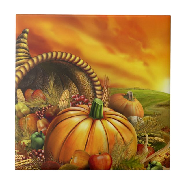 Thanksgiving cornucopia pumpkin field ceramic tile (Front)