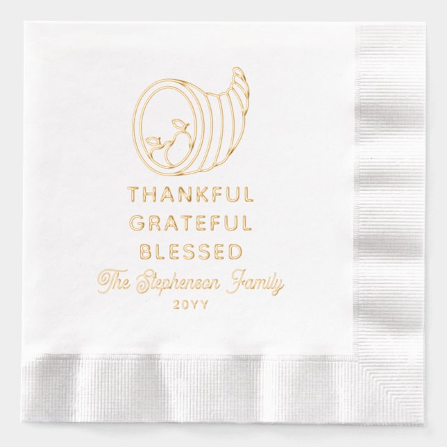 Thanksgiving Cornucopia Thankful Grateful Blessed Foil Napkins (Front)