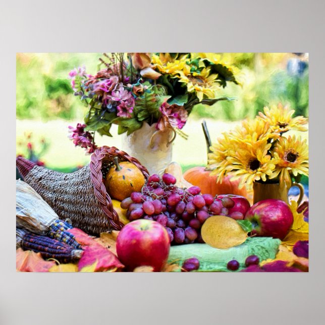 Thanksgiving Cronucopia with Fruits and Flowers Poster (Front)