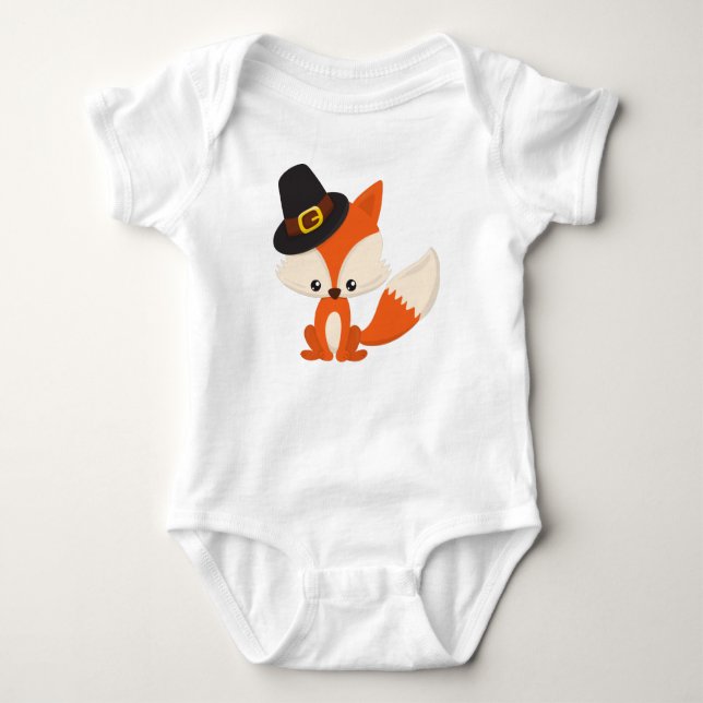 Thanksgiving, Cute Fox, Pilgrim Fox, Pilgrim Hat Baby Bodysuit (Front)