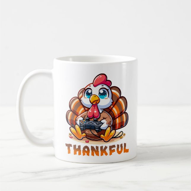 Thanksgiving Cute Turkey Playing Video Game Coffee Mug (Left)