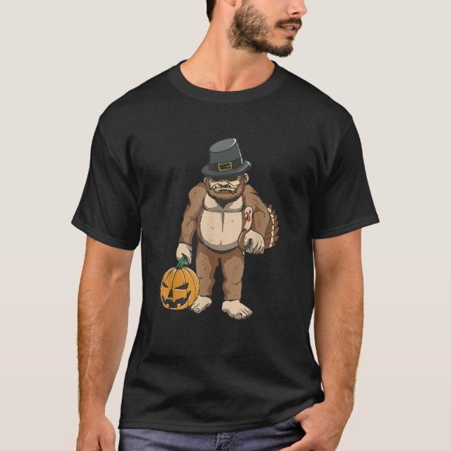 Thanksgiving Day Bigfoot Pilgrim Turkey Pumpkin Fo T-Shirt (Front)
