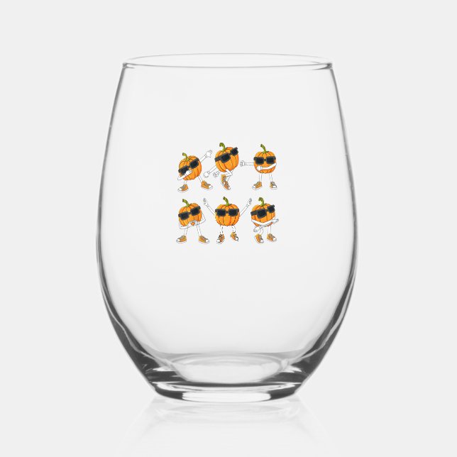 Thanksgiving Day Dancing Pumpkin Boys Girls Kids  Stemless Wine Glass (Front)