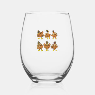 Thanksgiving Day Dancing Turkey Pilgrim Boys Girls Stemless Wine Glass