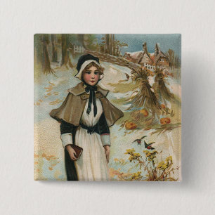 Thanksgiving Day Greetings with a Pilgrim Woman 15 Cm Square Badge