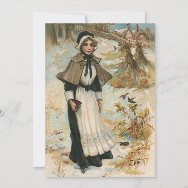 Thanksgiving Day Greetings with a Pilgrim Woman Holiday Card (Front)
