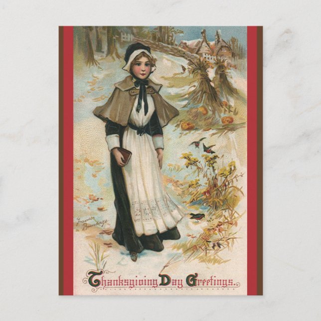 Thanksgiving Day Greetings with a Pilgrim Woman Holiday Postcard (Front)