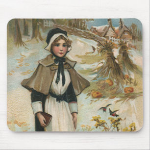 Thanksgiving Day Greetings with a Pilgrim Woman Mouse Pad