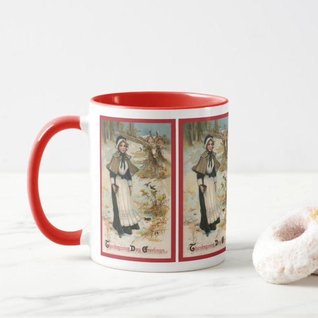 Thanksgiving Day Greetings with a Pilgrim Woman Mug (With Donut)