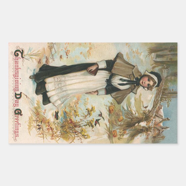 Thanksgiving Day Greetings with a Pilgrim Woman Rectangular Sticker (Front)