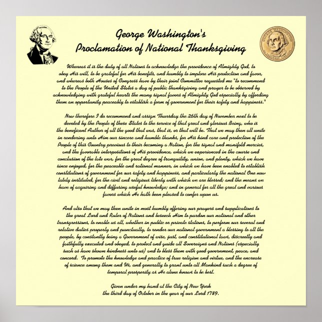 Thanksgiving Day Proclamation by George Washington Poster (Front)