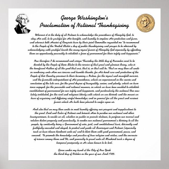 Thanksgiving Day Proclamation by George Washington Poster (Front)