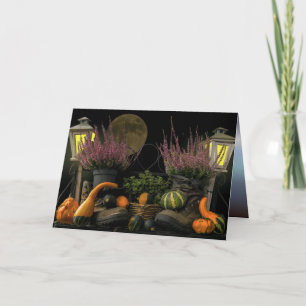 Thanksgiving Day Scene With Bench and Fall Harvest Holiday Card