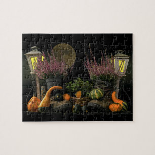Thanksgiving Day Scene With Bench and Fall Harvest Jigsaw Puzzle