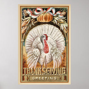 Thanksgiving Day White Turkey & Pumpkin Greetings Poster