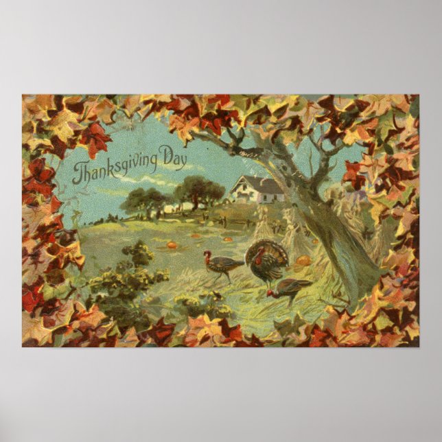 Thanksgiving DayFallen Leaves and Turkeys Poster (Front)