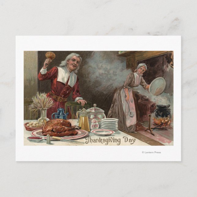 Thanksgiving DayPilgrim Dinner Scene Holiday Postcard (Front)