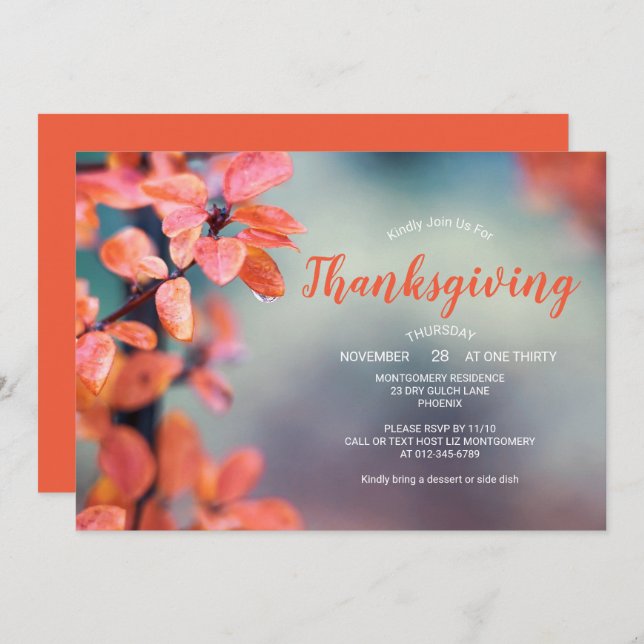 Thanksgiving Dinner Auburn Autumn Leaves Invitation (Front/Back)