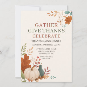 Thanksgiving Dinner Autumn Botanical Pumpkin Invitation