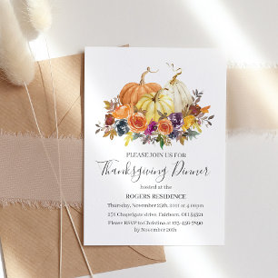 Thanksgiving Dinner, Autumn Flowers Pumpkins Invitation