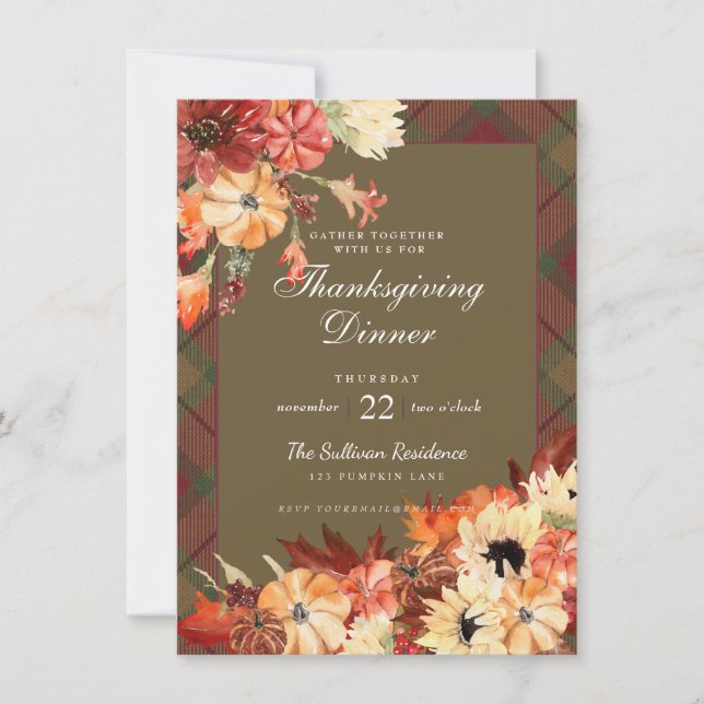 Thanksgiving Dinner Autumn Foliage Pumpkin Tartan  Invitation (Front)
